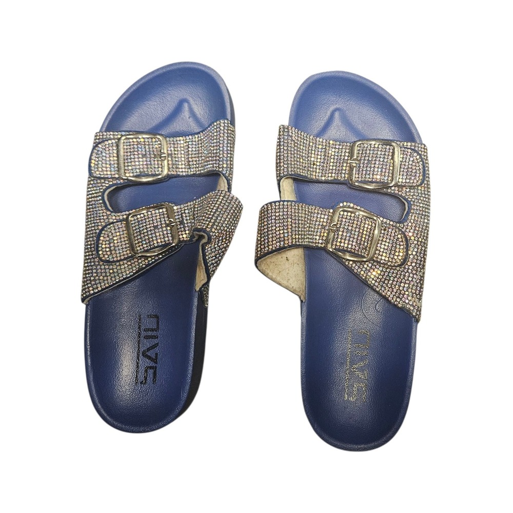 SAIL Blue Rhinestone Buckle‎ Slide Sandals Size 8 Sparkly Slip-On Shoes SZ 8